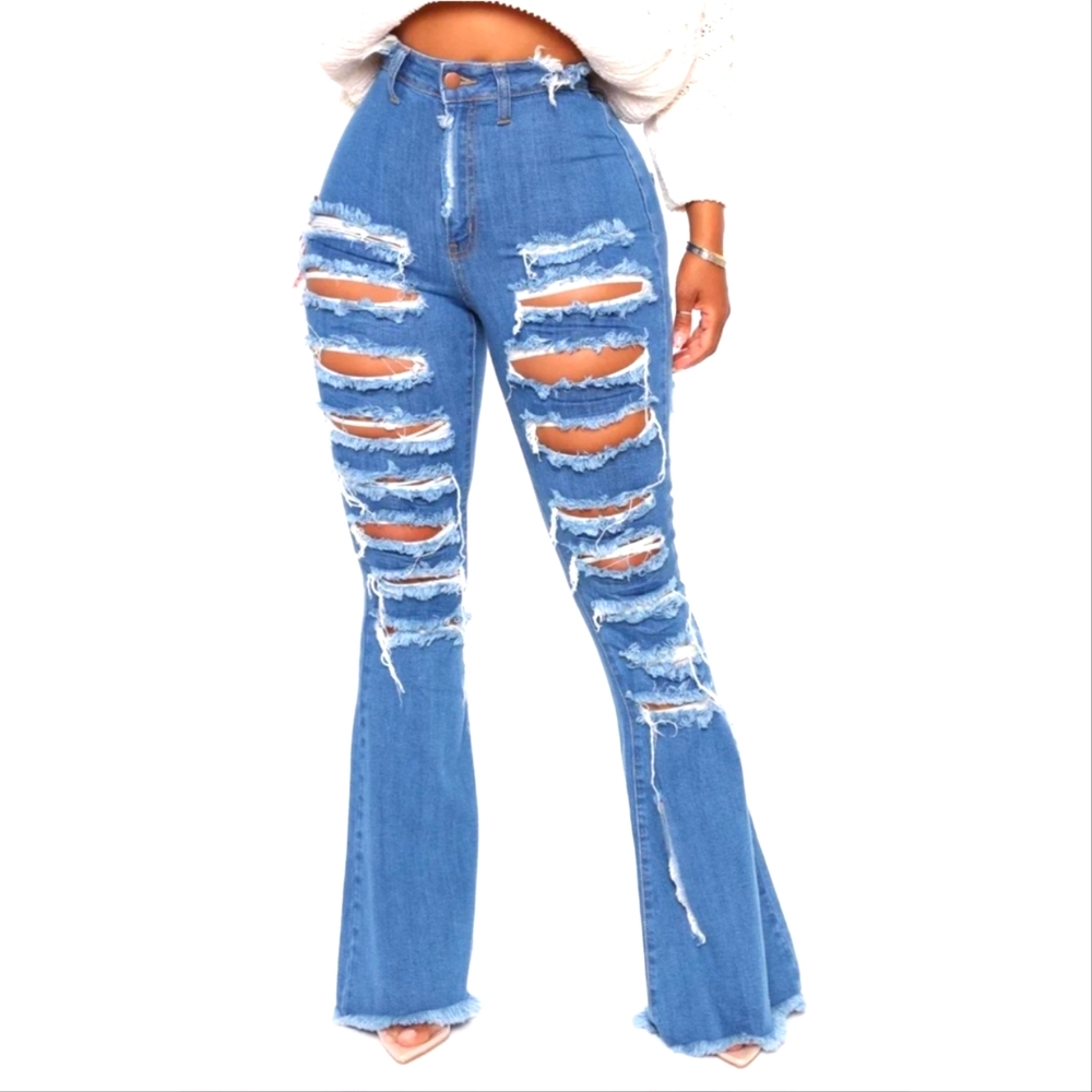 Fashion Nova distressed flared jeans